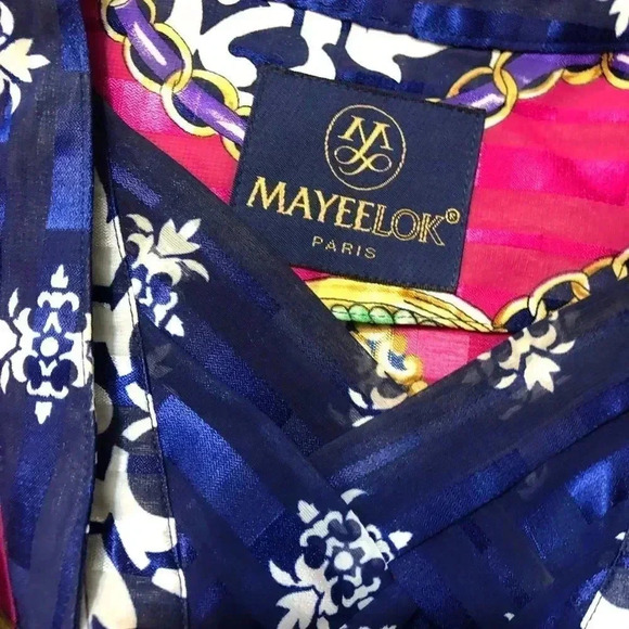 VINTAGE MAYEELOK V NECK PINK & BLUE PRINT BLOUSE GLAM 80’s - Picture 8 of 12